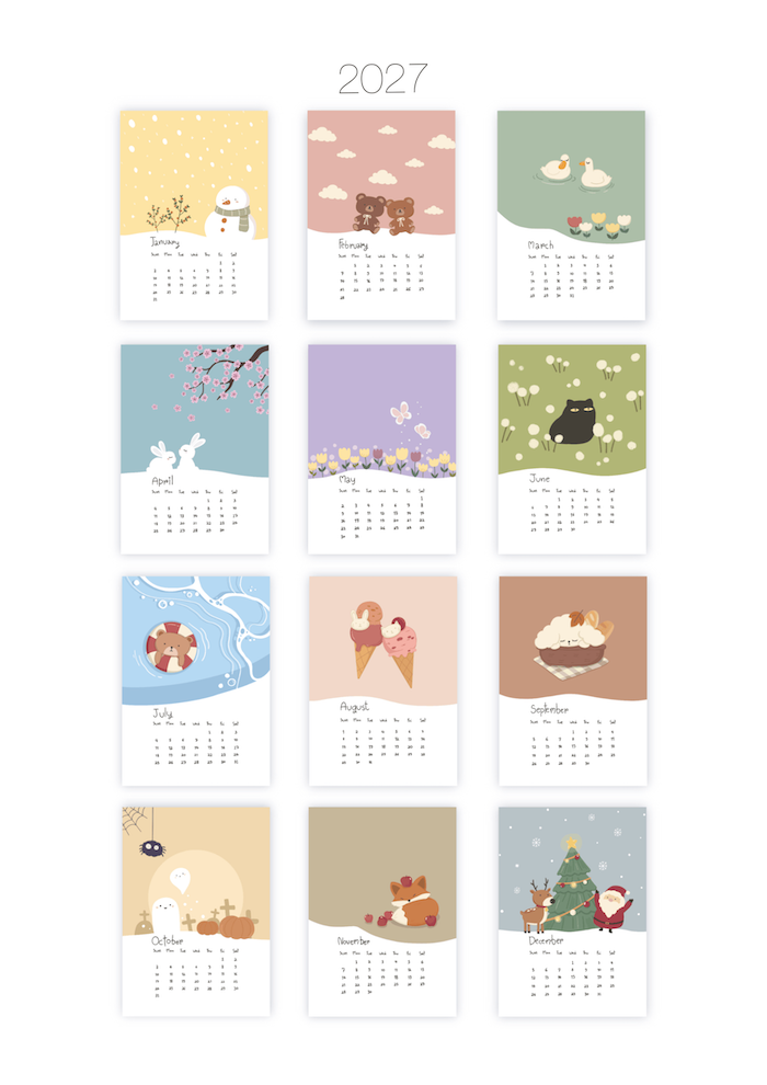 Cute 2027 Printable Calendar - A5 Size